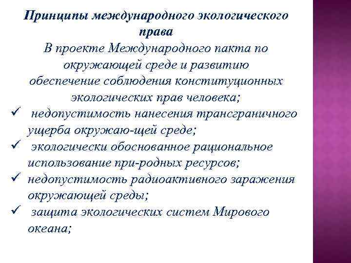 Принципы международного экологического права В проекте Международного пакта по окружающей среде и развитию обеспечение