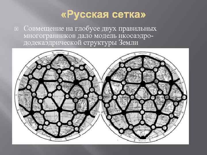  «Русская сетка» Совмещение на глобусе двух правильных многогранников дало модель икосаэдрододекаэдрической структуры Земли