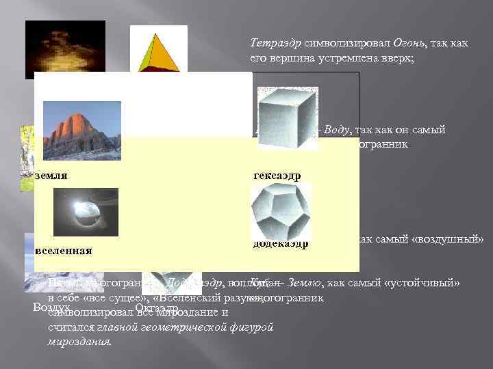 Тетраэдр символизировал Огонь, так как его вершина устремлена вверх; Огонь Тетраэдр Икосаэдр — Воду,