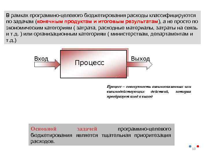 В рамках программно целевого бюджетирования расходы классифицируются по задачам (конечным продуктам и итоговым результатам),