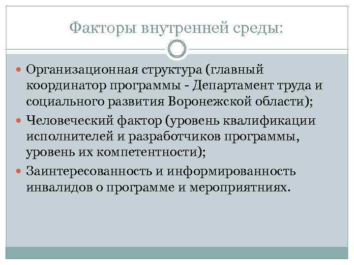 Факторы внутренней среды: Организационная структура (главный координатор программы - Департамент труда и социального развития