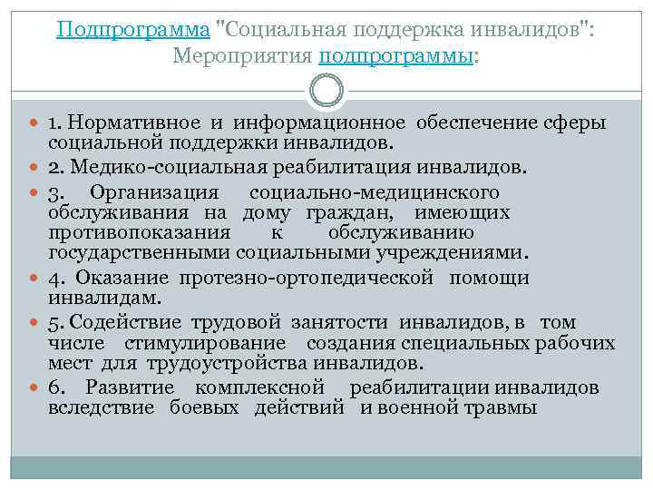Подпрограмма "Социальная поддержка инвалидов": Мероприятия подпрограммы: 1. Нормативное и информационное обеспечение сферы социальной поддержки