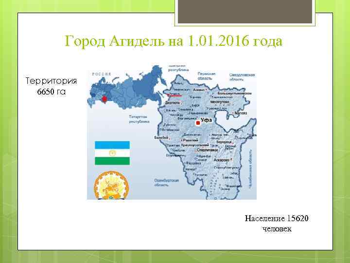 Город Агидель на 1. 01. 2016 года Территория 6650 га Население 15620 человек 