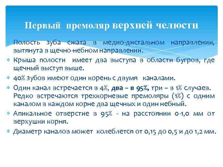  Первый премоляр верхней челюсти Полость зуба сжата в медио-дистальном направлении, вытянута в щечно-небном
