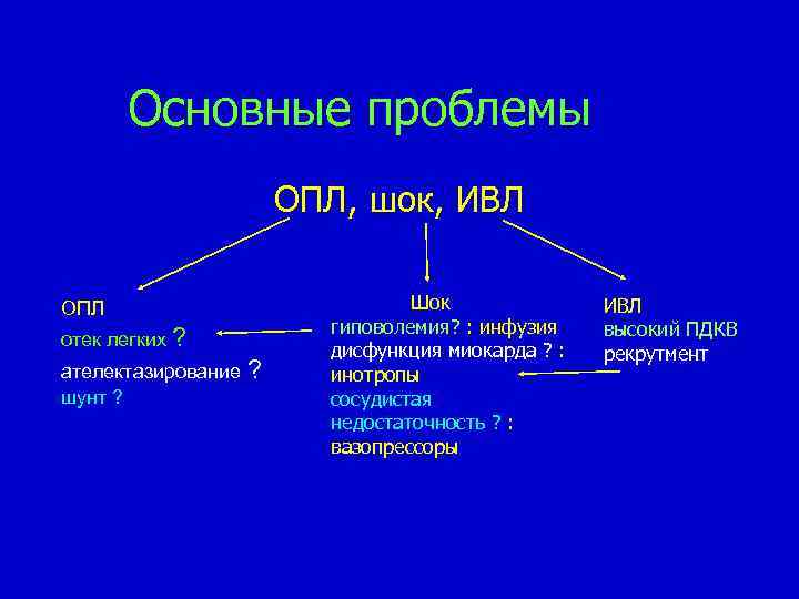 Основные проблемы ОПЛ, шок, ИВЛ ОПЛ отек легких ? ателектазирование ? шунт ? Шок