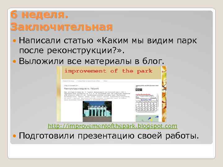 6 неделя. Заключительная Написали статью «Каким мы видим парк после реконструкции? » . Выложили