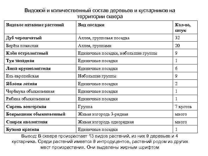 Видовой и количественный состав деревьев и кустарников на территории сквера Видовое название растений Вид