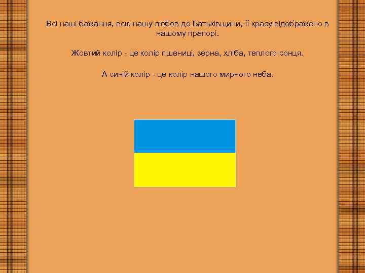 Всі наші бажання, всю нашу любов до Батьківщини, її красу відображено в нашому прапорі.