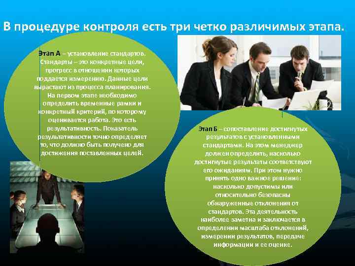 В процедуре контроля есть три четко различимых этапа. Этап А – установление стандартов. Стандарты