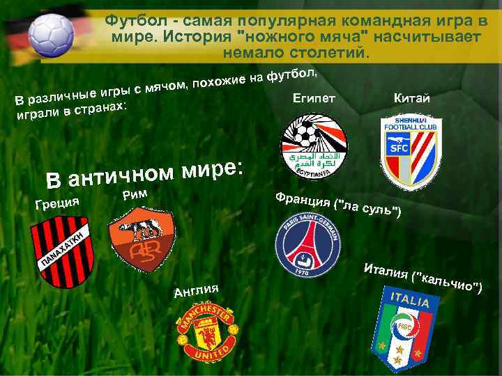 Футбол - самая популярная командная игра в мире. История "ножного мяча" насчитывает немало столетий.