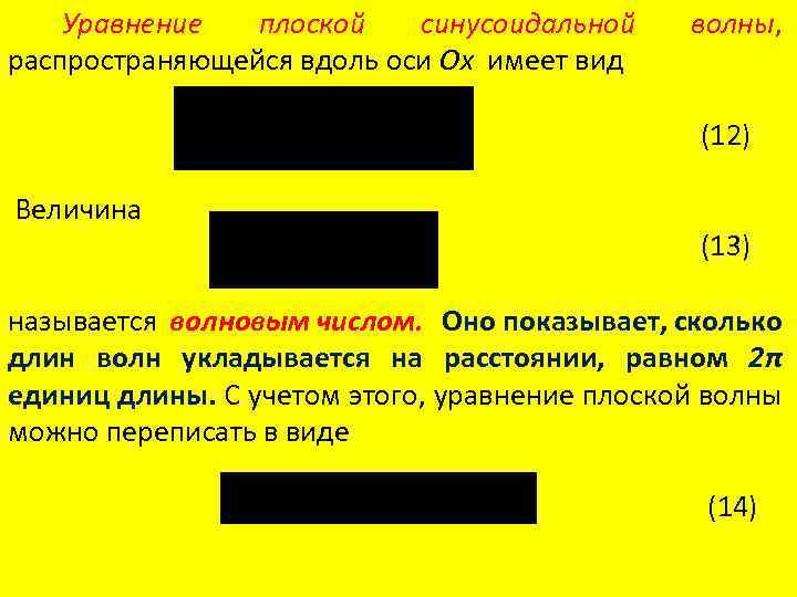 Уравнение плоской синусоидальной распространяющейся вдоль оси Ох имеет вид волны, (12) Величина (13) называется