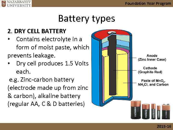 Foundation Year Program Battery types 2. DRY CELL BATTERY • Contains electrolyte in a