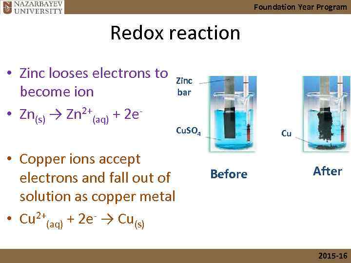 Foundation Year Program Redox reaction • Zinc looses electrons to Zinc bar become ion
