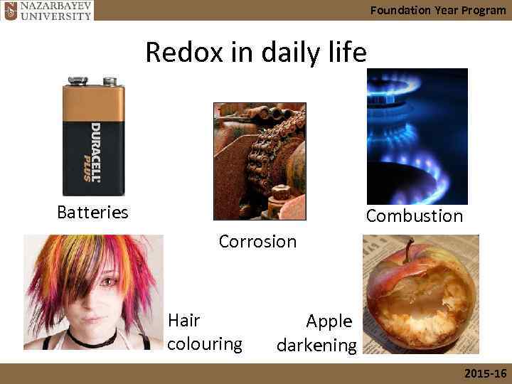 Foundation Year Program Redox in daily life Batteries Combustion Corrosion Hair colouring Apple darkening