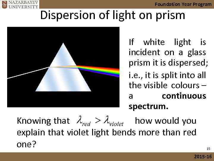 Foundation Year Program Dispersion of light on prism If white light is incident on