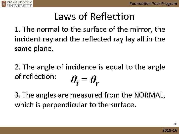 Foundation Year Program Laws of Reflection 1. The normal to the surface of the