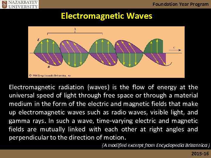 Foundation Year Program Electromagnetic Waves Electromagnetic radiation (waves) is the flow of energy at