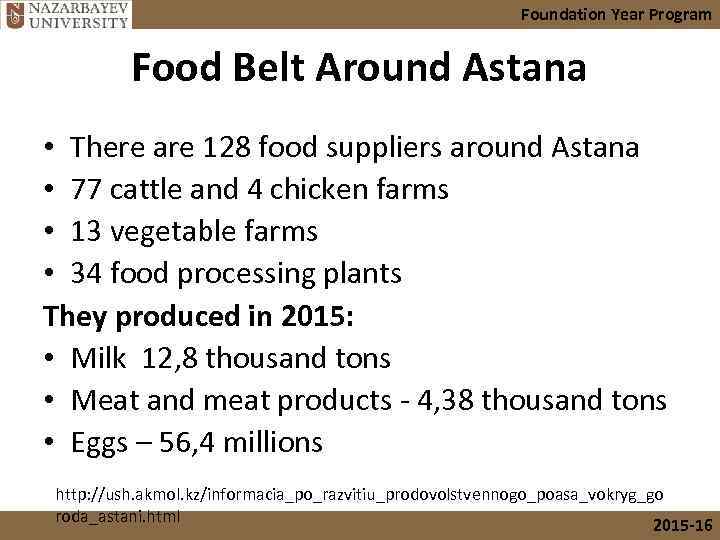 Foundation Year Program Food Belt Around Astana • There are 128 food suppliers around