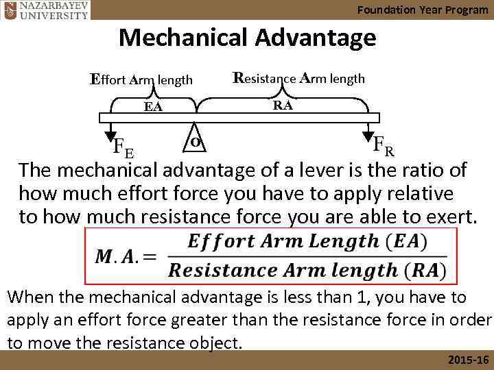 Foundation Year Program Mechanical Advantage Effort Arm length EA Resistance Arm length RA O