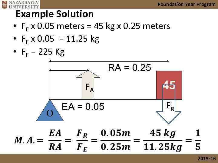 Foundation Year Program Example Solution • FE x 0. 05 meters = 45 kg