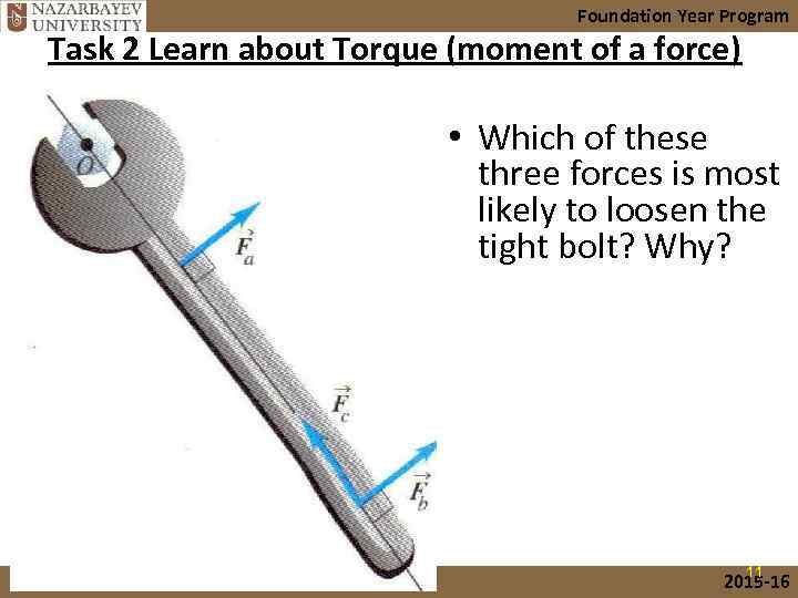 Foundation Year Program Task 2 Learn about Torque (moment of a force) • Which