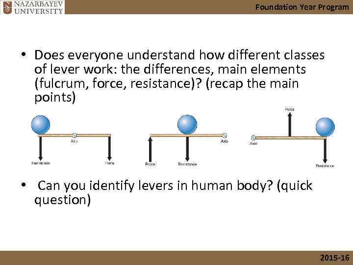 Foundation Year Program • Does everyone understand how different classes of lever work: the