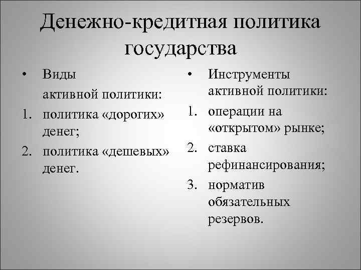 Денежно-кредитная политика государства • Виды • активной политики: 1. политика «дорогих» 1. денег; 2.