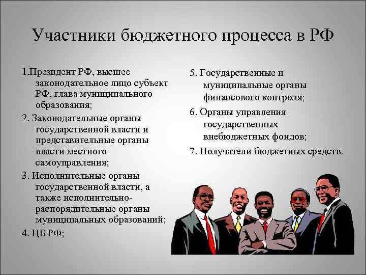 Участники бюджетного процесса в РФ 1. Президент РФ, высшее законодательное лицо субъект РФ, глава