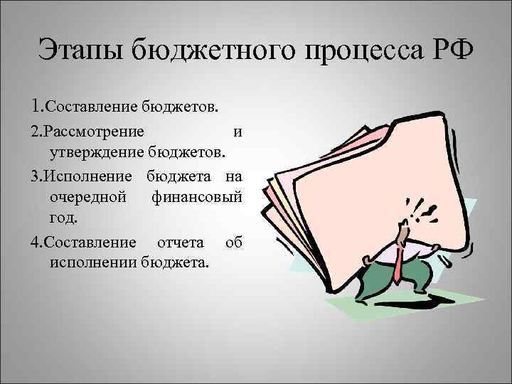 Этапы бюджетного процесса РФ 1. Составление бюджетов. 2. Рассмотрение и утверждение бюджетов. 3. Исполнение