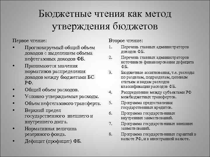 Бюджетные чтения как метод утверждения бюджетов Первое чтение: • Прогнозируемый общий объем доходов с