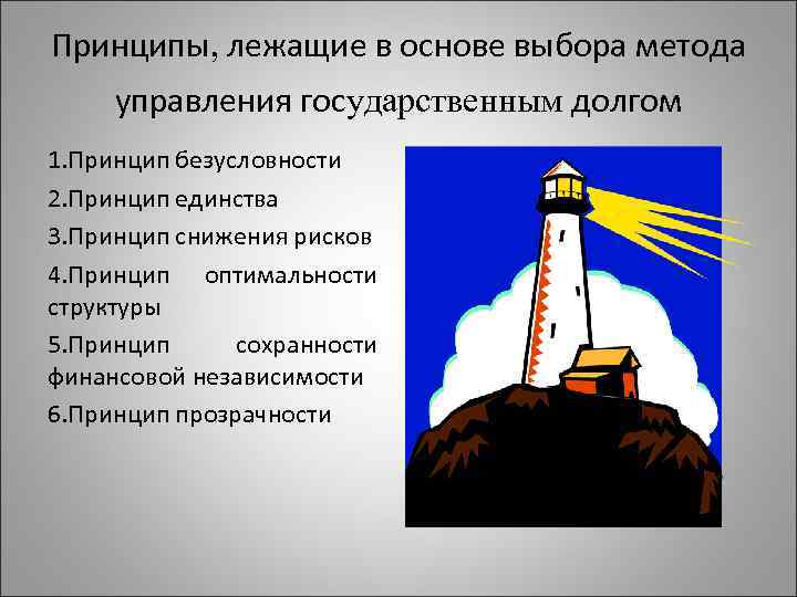 Принципы, лежащие в основе выбора метода управления государственным долгом 1. Принцип безусловности 2. Принцип