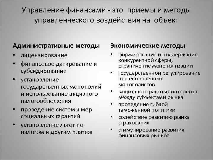 Управление финансами - это приемы и методы управленческого воздействия на объект Административные методы Экономические