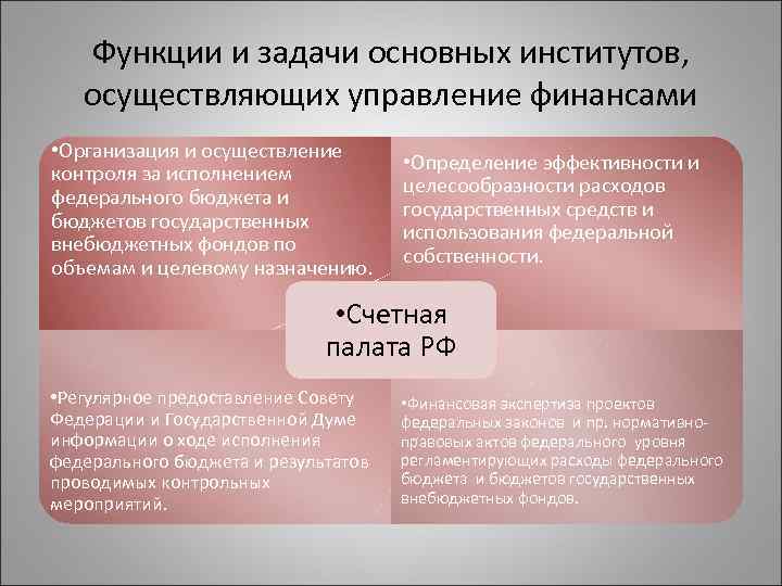 Функции и задачи основных институтов, осуществляющих управление финансами • Организация и осуществление контроля за