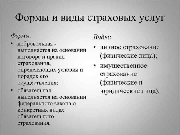 Формы и виды страховых услуг Формы: Виды: • добровольная - выполняется на основании •