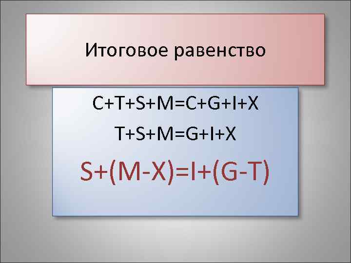 Итоговое равенство С+T+S+M=C+G+I+X T+S+M=G+I+X S+(M-X)=I+(G-T) 