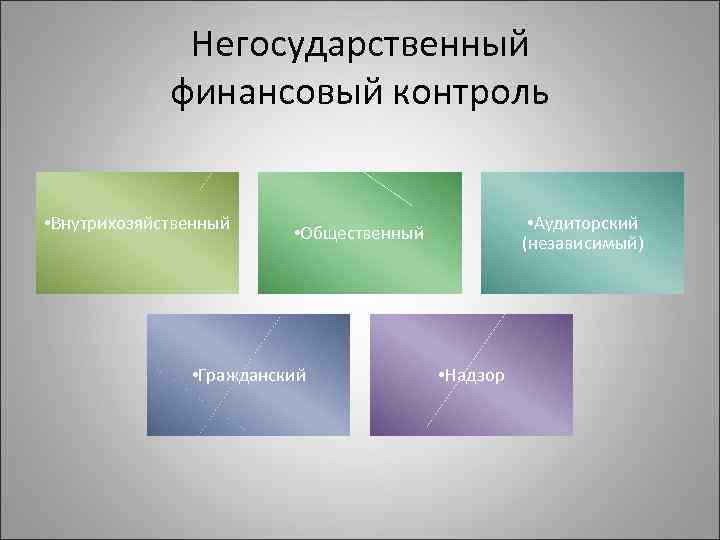 Негосударственный финансовый контроль • Внутрихозяйственный • Аудиторский (независимый) • Общественный • Гражданский • Надзор