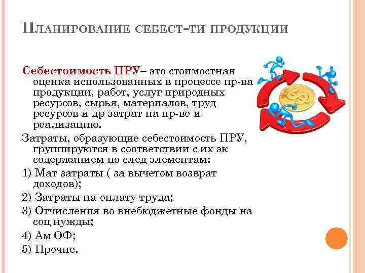 ПЛАНИРОВАНИЕ СЕБЕСТ-ТИ ПРОДУКЦИИ Себестоимость ПРУ– это стоимостная оценка использованных в процессе пр-ва продукции, работ,