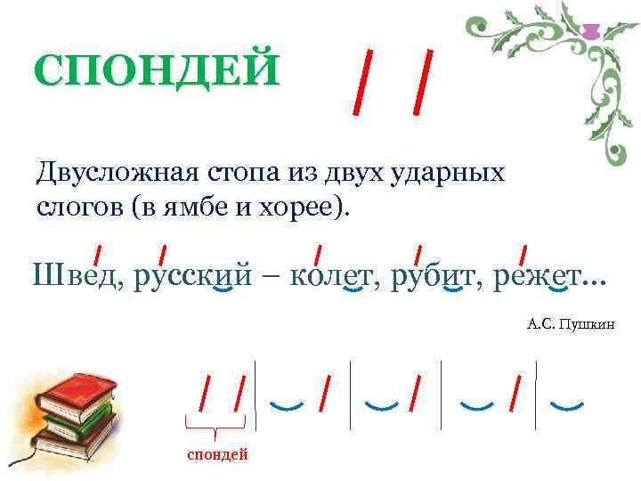 СПОНДЕЙ Двусложная стопа из двух ударных слогов (в ямбе и хорее). Швед, русский –