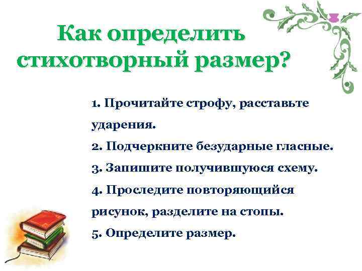 Как определить стихотворный размер? 1. Прочитайте строфу, расставьте ударения. 2. Подчеркните безударные гласные. 3.
