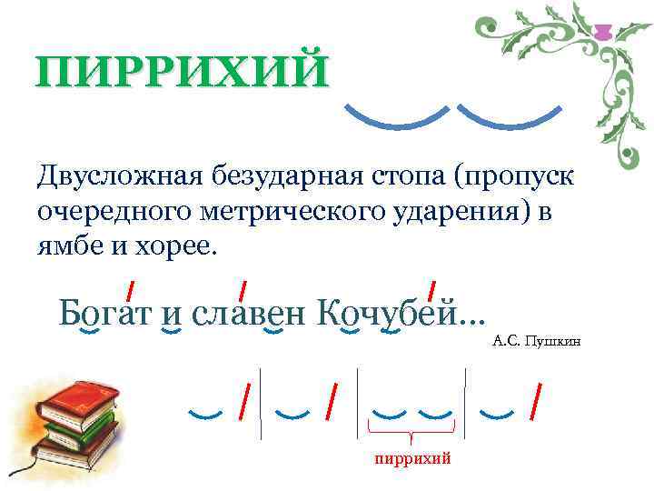 ПИРРИХИЙ Двусложная безударная стопа (пропуск очередного метрического ударения) в ямбе и хорее. Богат и