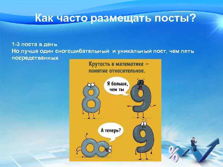 Как часто размещать посты? 1 -3 поста в день Но лучше один сногсшибательный и