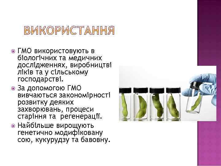 ГМО використовують в біологічних та медичних дослідженнях, виробництві ліків та у сільському господарстві. За