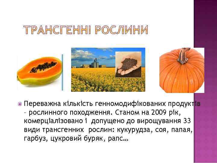  Переважна кількість генномодифікованих продуктів – рослинного походження. Станом на 2009 рік, комерціалізовано і