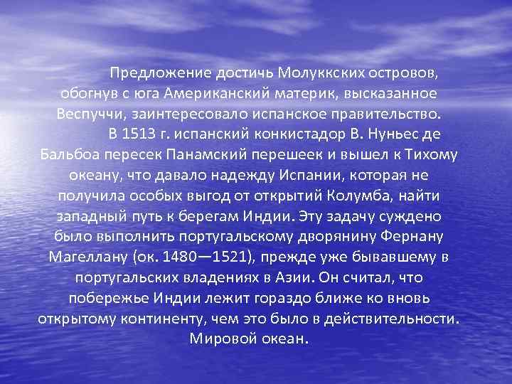 Предложение достичь Молуккских островов, обогнув с юга Американский материк, высказанное Веспуччи, заинтересовало испанское правительство.