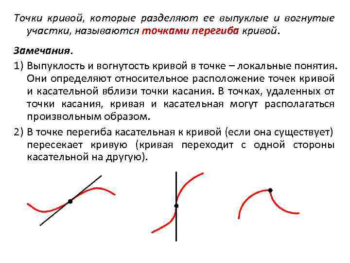 Точки кривой, которые разделяют ее выпуклые и вогнутые участки, называются точками перегиба кривой. Замечания.