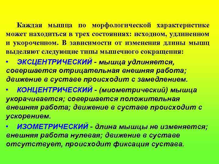 Каждая мышца по морфологической характеристике может находиться в трех состояниях: исходном, удлиненном и укороченном.