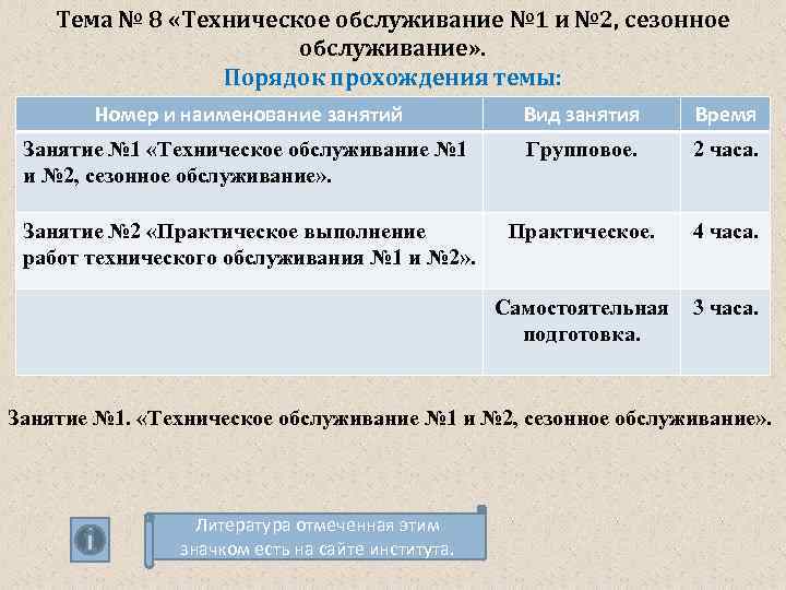 Тема № 8 «Техническое обслуживание № 1 и № 2, сезонное обслуживание» . Порядок