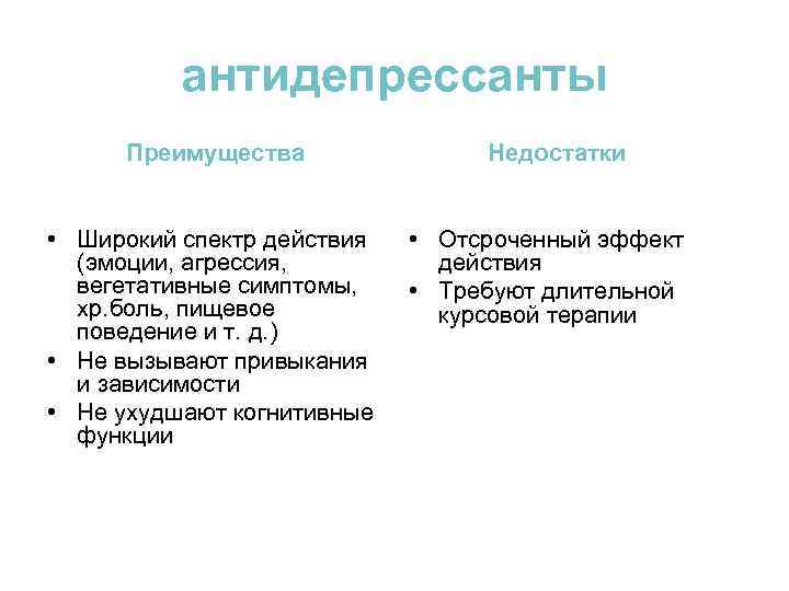 антидепрессанты Преимущества • Широкий спектр действия (эмоции, агрессия, вегетативные симптомы, хр. боль, пищевое поведение