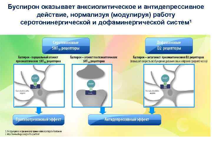 Буспирон оказывает анксиолитическое и антидепрессивное действие, нормализуя (модулируя) работу серотонинергической и дофаминергической систем 1