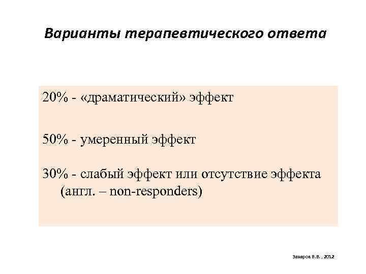 114 Варианты терапевтического ответа 20% - «драматический» эффект 50% - умеренный эффект 30% -